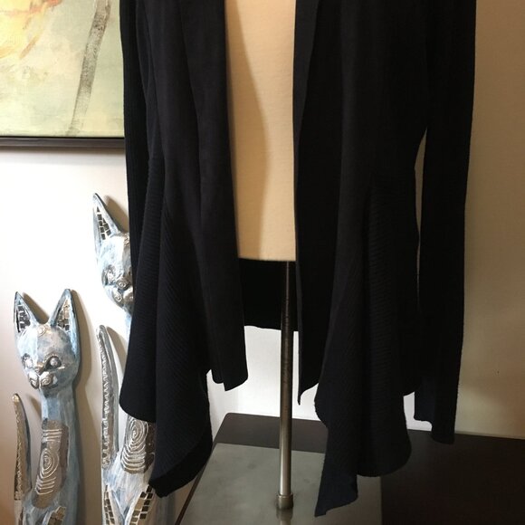 Velvety Soft Lapel Eleven Eleven Deepsea Blue Handkerchief Hem Open Cardigan - Picture 3 of 16